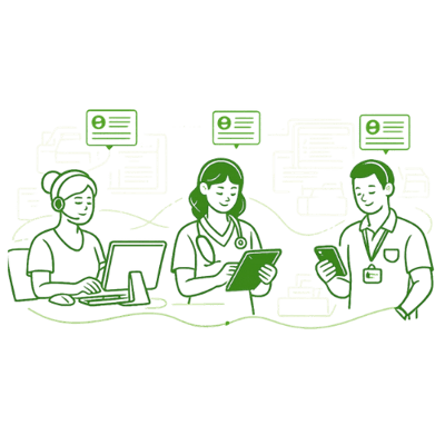 Graphic of 3 x healthcare professionals who are all looking at the same data in sync