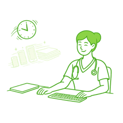 a female nurse at a desk saving time on work