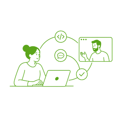 Developer receiving ongoing technical support while working on a laptop.