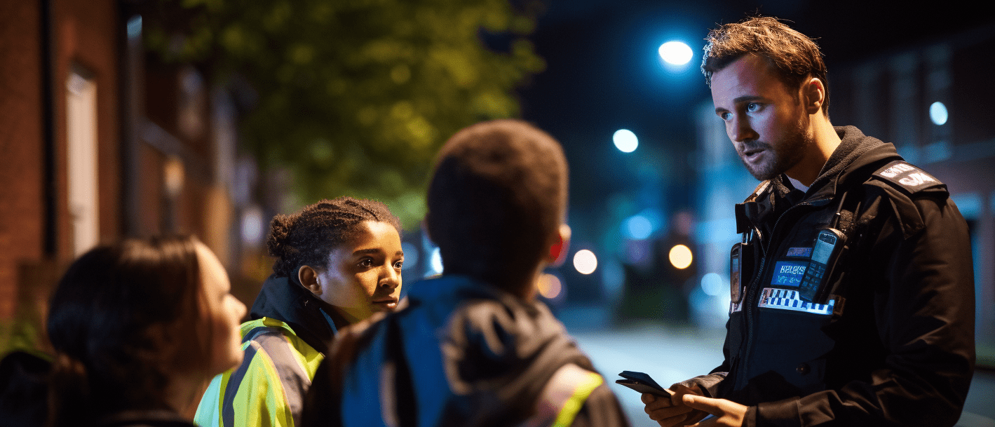 policeman talking to teenagers